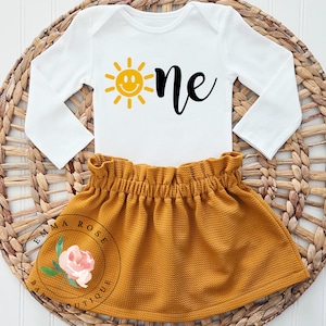 First trip around the sun birthday outfit, sun first birthday outfit girl, smash cake, yellow baby skirt, skirted bummies, baby girl clothes