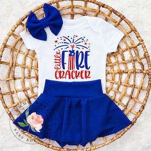 Little firecracker 4th of July outfit girl, baby first 4th of July outfit, royal blue skirt, skirted bummies, red white and blue outfit
