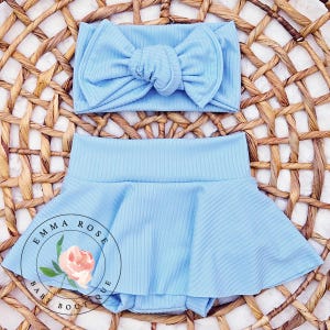 Baby girl light blue skirt with shorts, solid blue color bummie skirt, skirted bummies, skorts, toddler bummies, baby clothes, toddler skirt