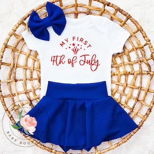 Baby girl first 4th of July outfit, red white and blue outfit, patriotic clothes, royal blue skirt, skirted bummies fourth of July baby gift