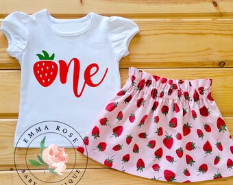 Berry first birthday outfit girl, sweet one strawberry shirt, pink and red strawberry skirt, sweet one birthday, 1 year old cake smash set