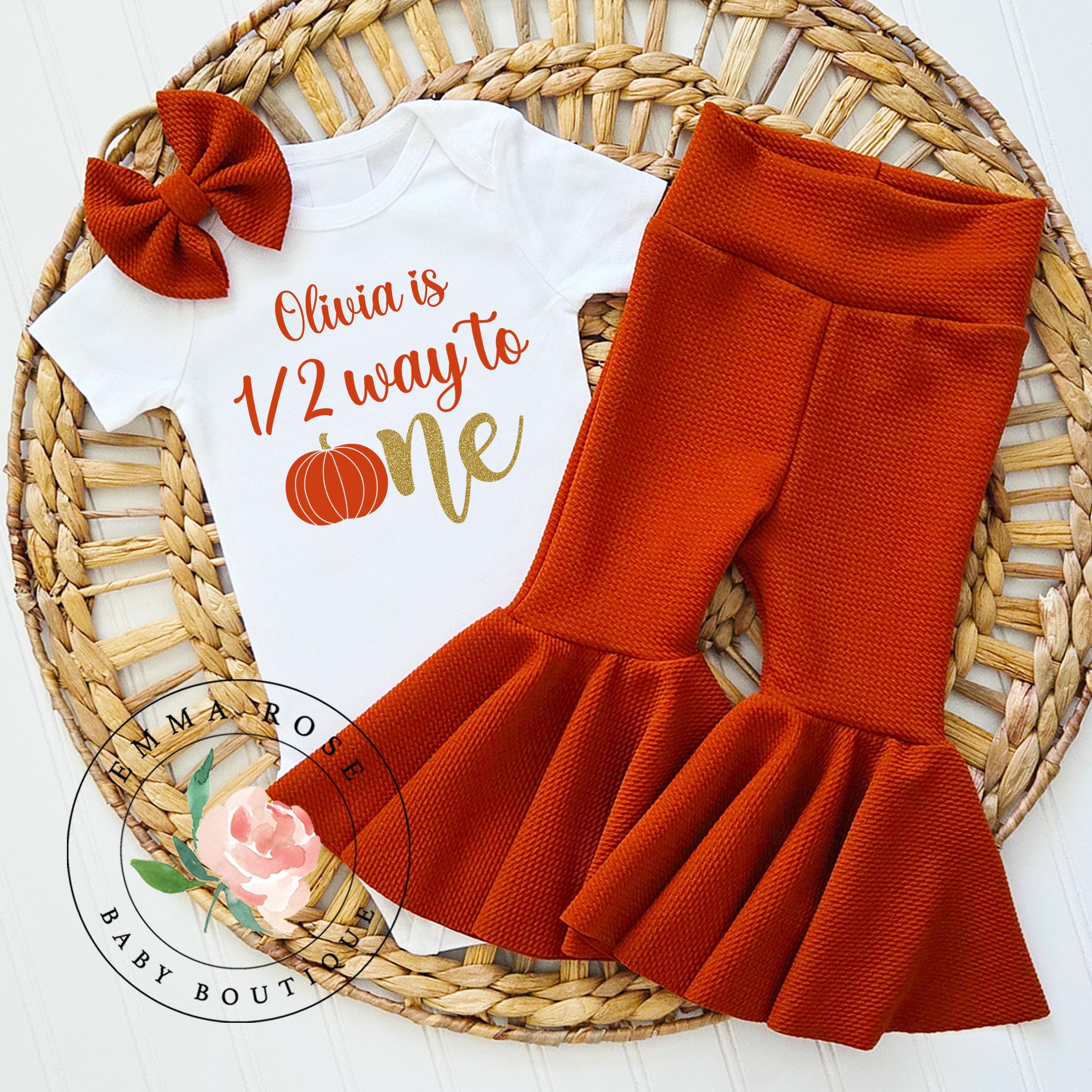 Pumpkin half birthday outfit, Fall pumpkin half way to one shirt, 6 months half birthday shirt, flare pants, coquette bow Halloween birthday