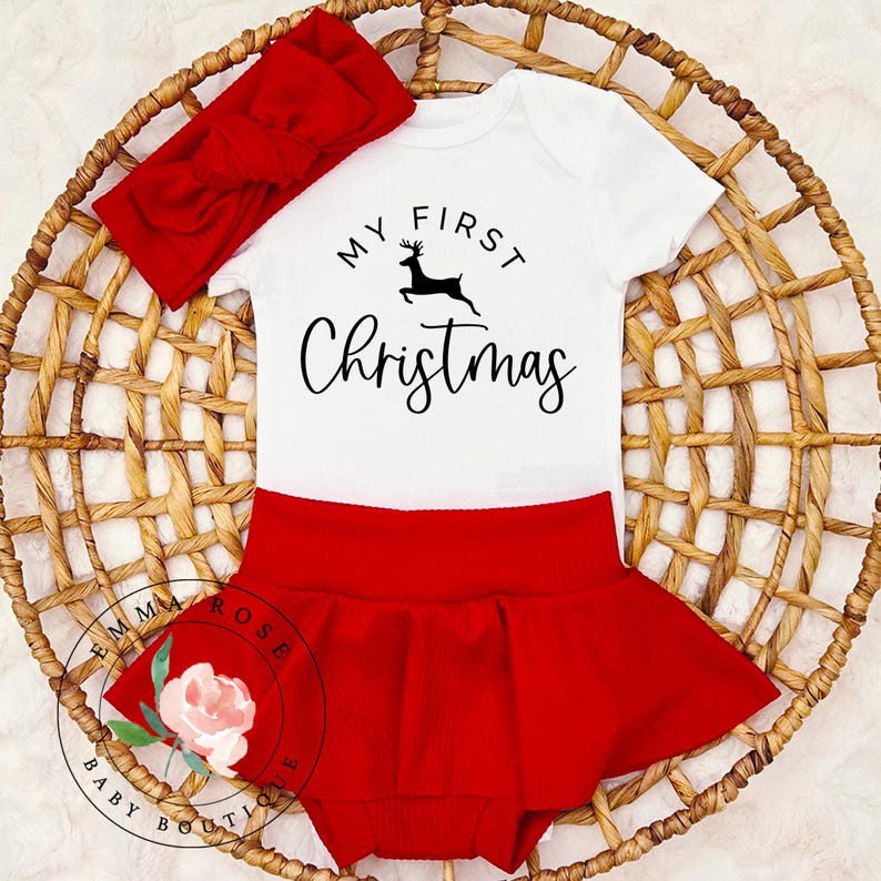 Baby girl red Christmas outfit, my first Christmas shirt, red skirt, hair bow, skirted bummies, newborn infant girl clothes, holiday dress image 1