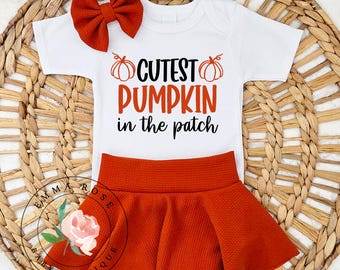 Baby girl Fall outfit, cutest pumpkin in the patch shirt, burnt orange skirt with bloomers, skirted bummies, newborn girl, Fall clothes