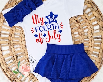 Baby girl first 4th of July outfit, red white and blue first 4th of July shirt, royal blue skirt, skirted bummies, summer patriotic clothes