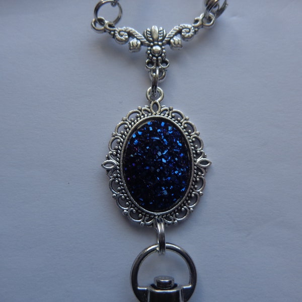Midnight Blue Druzy Cabochon, Iridescent Midnight Blue Crystal beads, Lobster Clasp  Lanyard, ID Badge Holder, Necklace, Chain, Gift Giving.