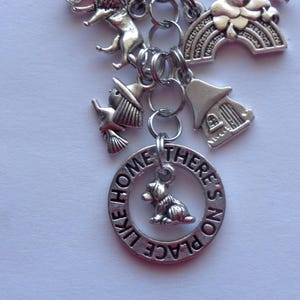 May include: A silver charm bracelet with various charms, including a dog, a witch with a broom, a rainbow, a house, and a unicorn. The central charm reads "There's no place like home."