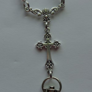 Religious, Tibet Antique Silver Cross Connector, Pearl Beads, Beaded Lanyard, ID Badge Holder, Necklace, Chain, Gift, Lobster Clasp, Gift.