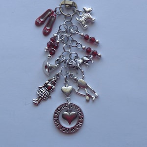 May include: A silver-toned charm bracelet featuring various charms, including ruby red slippers, a dog, a lion, a girl, a heart, a horn, and a ring with the words "There's no place like home."