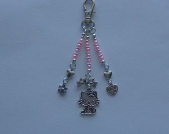 Hello Kitty, Tibet Antique Silver Charms, Pink Beads, Bow, Flower, Love You, Bag Charm, Purse Clip, Back Pack, Zipper Pull, Gift Giving.