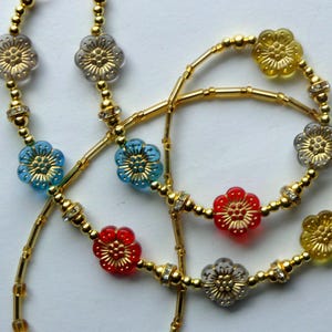 Colorful Flower Beads, Gold Inlay, Rhinestone Beads, Iridescent Glass Seed Beads, Eyeglass Holder, Eyewear, Eyeglass Chain, Lobster Clasps.