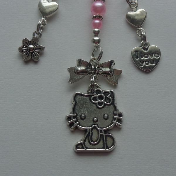 Hello Kitty, Pink Pearl Beads, Love You, Flower, Heart, Tibet Antique Silver, Bookmark, Booklover, Love to Read, Dangle Charms, Gift Giving