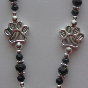 Dog, Cat, Animal Paw Print Beads, Black Crystal Beads, Lanyard, ID Badge Holder, Necklace, Chain, Lobster Clasp, Gift.