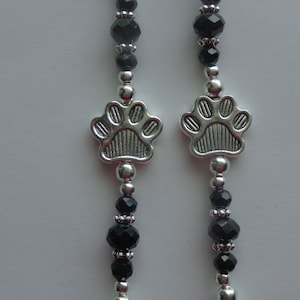 Black Crystal Beads, Paw Print Beads, Dog, Cat, Animal Paw, Eyeglass Holder, Eyewear, Eyeglass Chain with Lobster Clasps for Rubber Ends.