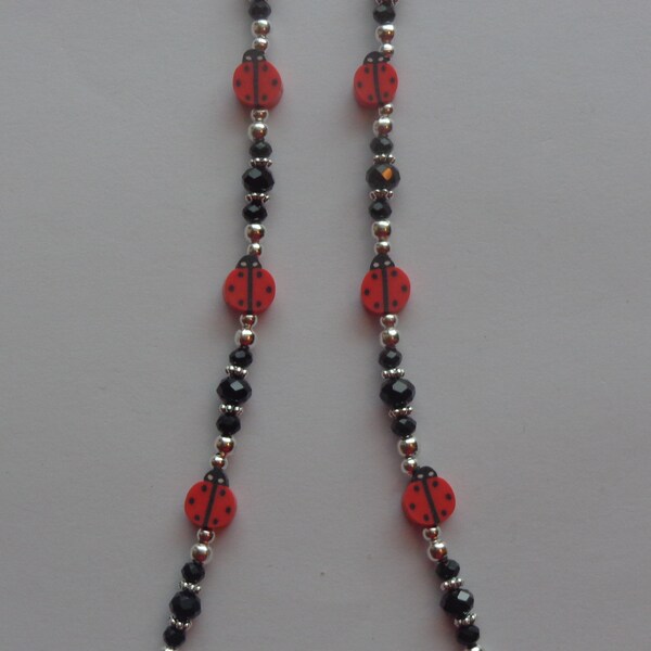 Red and Black Lady Bug Beads, Black Crystal Beads, Eyeglass Holder, Eyewear, Eyeglass Chain, Sunglasses Holder, Lobster Clasps, Gift Giving.