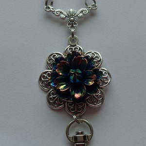 Iridescent Flower Flatback Cabochon, Iridescent Black Beads, Beaded Lanyard, ID Badge Holder, Necklace, Chain, Lobster Clasp, Gift Giving