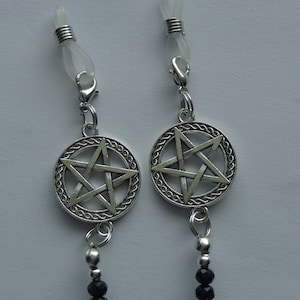 Pentacle, Pentagram, Wiccan, Black Crystals, Connectors are .75&quot;, Eyeglass Holder, Eyewear, Eyeglass Chain & Lobster Clasps for Rubber Ends.