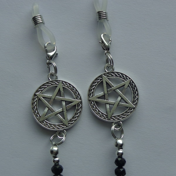 Pentacle, Pentagram, Wiccan, Black Crystals, Eyeglass Holder, Eyewear, Eyeglass Chain with Lobster Clasps for Rubber Ends.