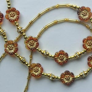 Gold Flower Beads with Gold Inlay, Rhinestone Beads, Iridescent Glass Seed Beads, Eyeglass Holder, Eyewear, Eyeglass Chain, Lobster Clasps.