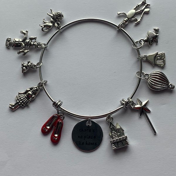 Wizard of Oz,  There is No Place Like Home, Ruby Slipper, Balloons, Castle, Stainless Steel Adjustable Bangle Charm Bracelet, Gift Giving.