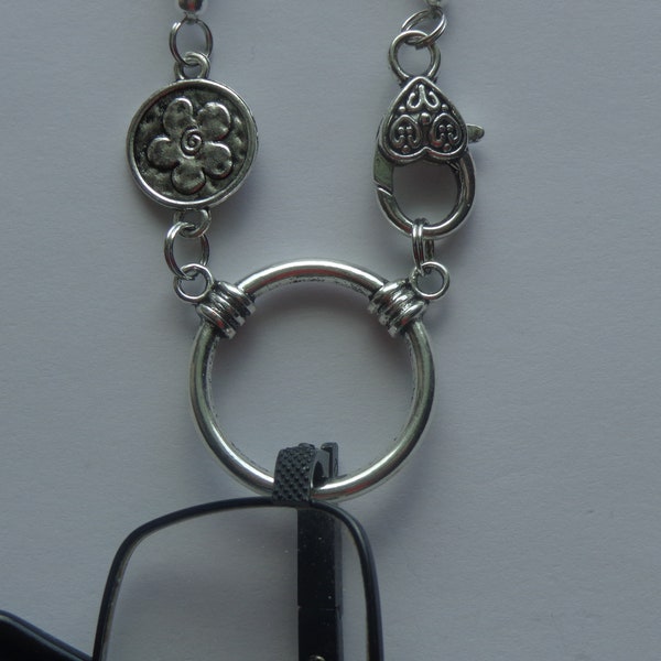 Double Sided, Tibet Silver Flower Beads and Silver Lobster Clasp, Crystals Eyeglass Holder, Sunglasses, La Necklace, Ring, Loop, Gift Giving