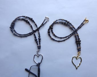 Heart Eyeglasses Holder, Necklace, Crystal Beads, Toggle Clasp, Eyewear.