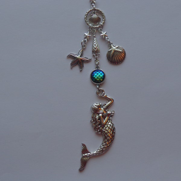 Nautical Rear View Mirror Charm Mermaid, Sea shells, Starfish, Crystal Hanging Window. Suncatcher. Mobile, Ornament, Gift Giving.