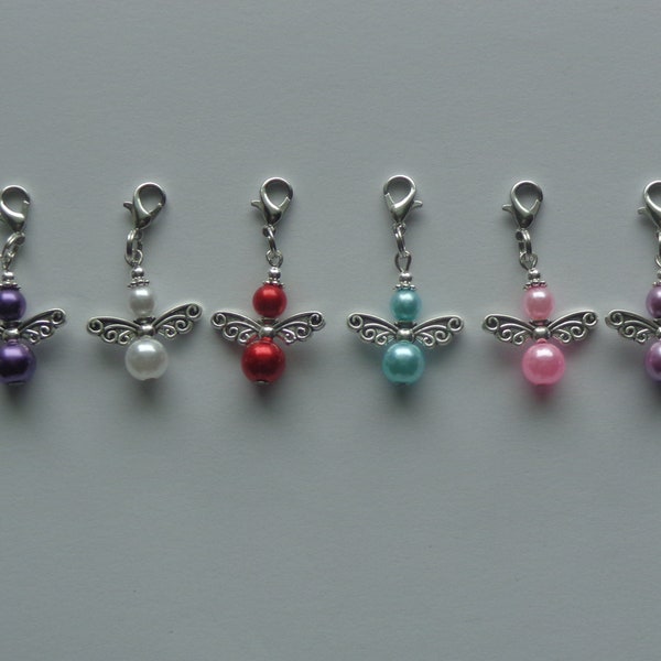 Lot of 2 Guardian Angel Clip On Charms, Zipper Pull, Keyrings, Colorful Pearl Beaded Angel Charms, Lobster Clasp, Pick Color, Gift Giving.