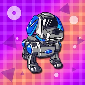 May include: A cartoon robot dog with blue ears and a silver body. The robot dog has a blue collar and blue eyes. The robot dog is standing on a pink and purple checkered background.