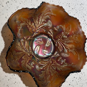 FENTON Carnival Glass Bowl Thistle Heavy Iridescent Marigold Purple Wave Rim