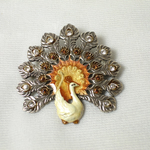 Vintage Art Deco Peacock French Hand Enameled  Swarovski Brooch. Very Unique