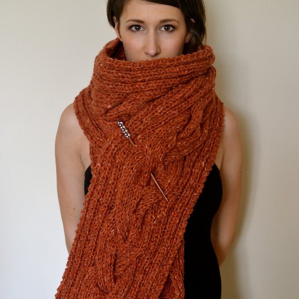 Beautiful burnt orange cable knit scarf made from 100% Donegal Wool