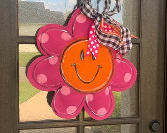 Happy flower burlap door hanger