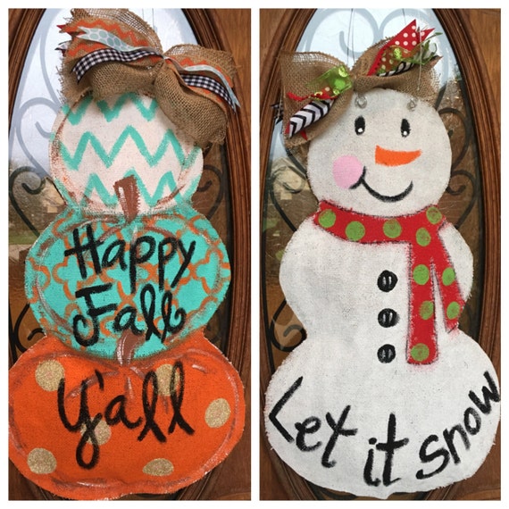 Reversible Pumpkin Snowman Burlap Door Hanger