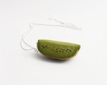 Quarter of a Kiwi, Realistic Kiwi Necklace, Realistic Fruit, Green Necklace, Faux Fruit, Faux Vegetables, Alternative Jewelry, Alternative