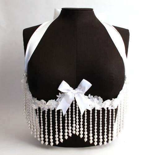 White Ribbon Bra Harness: Faux Pearl Fringe, Floral Trim