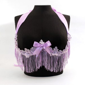 Purple Ribbon Bra Harness, Lavender Burlesque Outfit, Lilac Bra, Coquette Aesthetic