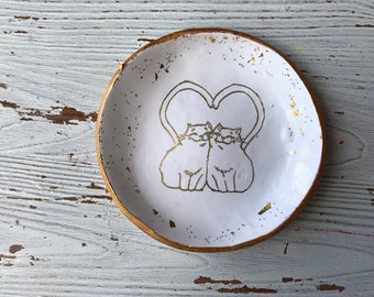 Plato del anillo del gato, regalos del gato, plato de la joyería del gato de la boda, catchall del gato, plato del gato, regalo para las parejas, regalo para la novia, regalos del compromiso del gato, amor del gato