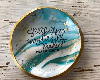 I am Fearfully And Wonderfully Made Ring Dish, Scripture Ring Dish, Trinket Dish, Coin Tray, Peacock, Polymer Clay,Fearfully And Wonderfully