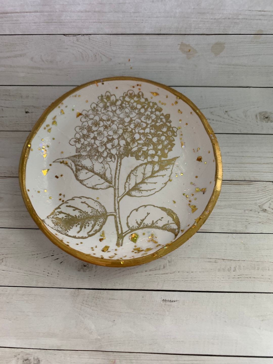 Handmade Hydrangea Polymer Clay Ring Dish: Gold Accent Decor