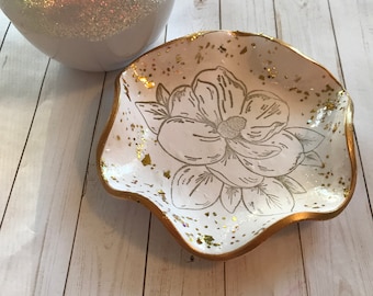 Magnolia Polymer Clay Ring Dish: Floral Jewelry Trinket Dish