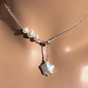 Sliding Star Pearl AAAA Natural Freshwater Pearl Necklace / Adjustable Dangle 10 or 12 mm Solitaire Single Star Pearl / Sterling Silver
