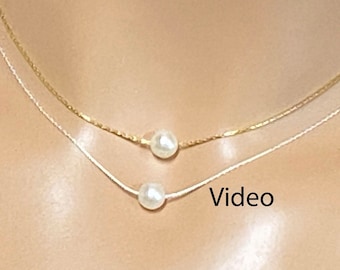 Classic Freshwater  Pearl Necklace / AAAA 6 mm Solitaire White Freshwater Pearl & Fine Sterling Silver Chain Necklace