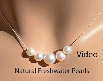 5 Graduated  Pearls Necklace, 5 Floating Pearl Necklace, Graduated AAA Freshwater Pearl & Fine Sterling Silver Chain, Five Pearl Necklace