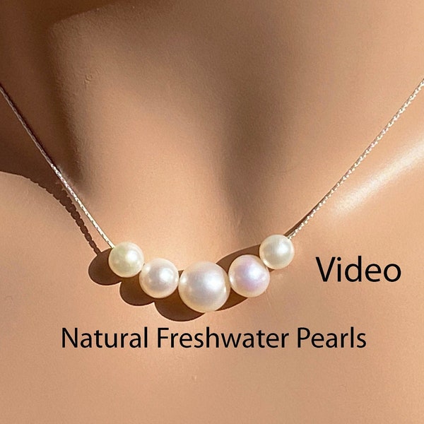 5 Graduated  Pearls Necklace, 5 Floating Pearl Necklace, Graduated AAA Freshwater Pearl & Fine Sterling Silver Chain, Five Pearl Necklace