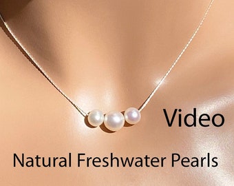 3 Freshwater Pearl Sterling Necklace / Blemish Free One 7.5 to 8 mm and two 5 to 6 mm Floating Freshwater Pearl & Fine Sterling Silver Chain
