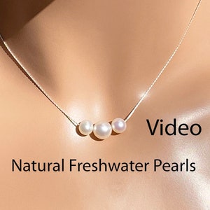 3 Freshwater Pearl Necklace / Blemish Free One 7.5 to 8 mm and two 5 to 6 mm Floating Freshwater Pearl & Fine Sterling Silver Chain Necklace