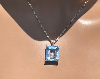 1/2 inch Sky Blue Natural Sapphire Necklace/Sterling Silver/ 12.60 Ct 13.24x11.61mm Sapphire / Hand Cut Near Square / March or December