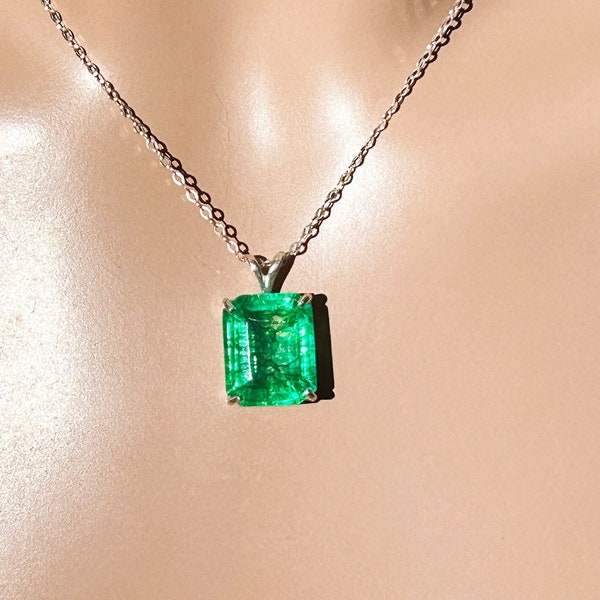 Natural Emerald May Necklace/ Sterling Silver / Large 5 to  11 Ct 11 to 14 x 8 to 11mm Long Real Emerald / A- Grade Multi Green Shades