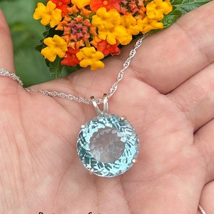 Portuguese Cut Light Sky Blue Quartz Necklace/March December/ Sterling Silver /Huge 22 Carat Extreme Sparkle 19.15 mm Natural Quartz